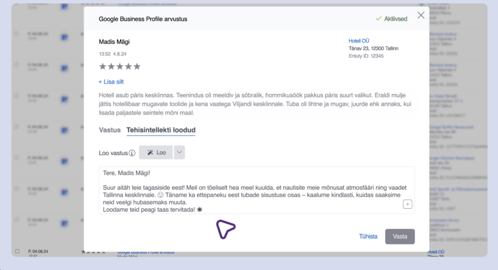 Tehisintellekti (AI) loodud vastused klientide arvustustele.
